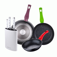 BERGNER - Ensemble 3 Poêles Ø18/22/26cm Jolie Aluminium Forgé compatible Induction avec Ensemble de 3 Couteaux Acier Inoxydable avec Bloc à coutea
