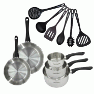 Set 2 poêles 20 et 24 cm 3 casseroles 12 16 et 20 cm en inox et 6 ustensiles Fackelmann Geneva - gris inox 3176239944457