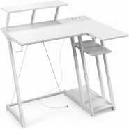 COSTWAY Bureau avec Prises et Ports USB, Petit Bureau d'Ordinateur avec Support d'Écran, Crochet pour Casque, Compartiment de Rangement - blanc ON321