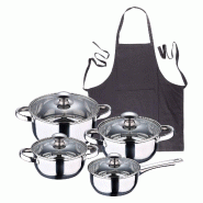 BERGNER - Batterie de Cuisine 7 Pièces en Acier Inoxydable Compatible Induction avec Tablier Gris Foncé 100% Coton 75x80cm - multi-matériau PK8927