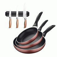 BERGNER - Set de 3 Poêles 16/20/24cm Compatible Induction en Aluminium Pressé Paradise avec Jeu de 3 Couteaux en Acier Inoxydable avec Support Mural