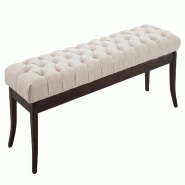 Décoshop26 - Banc design Chesterfield 150 cm avec coutures décoratives tissu crème piétement en bois foncé 10_0003687 - Bois massif 3000251717860