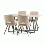 RATTATAN Ensemble salle a manger rectangulaire avec table à pieds croisés et 4 chaises en tissu bouclé gris clair, style moderne et confortable –