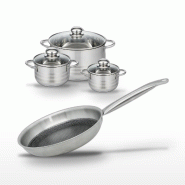 Batterie de cuisine avec 3 faitouts 12/14/20 cm et 1 poêle de cuisson 28 cm en inox et acier sans PFAS Elo Collection Relief Solution Brillant - gris