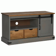 Helloshop26 - Meuble TV HALDEN porte coulissante avec 2 tiroirs rangement 110 x 40 x 60 cm en bois massif gris 02_0057822 - gris Bois massif 300024024