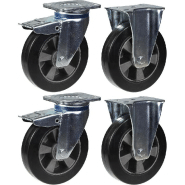 Roulette 200mm 8" frein caoutchouc noir fixe capacité 1800kg, jeu de 4 Roulette 200mm 8" frein caoutchouc noir fixe capacité 1800kg, jeu de 4