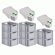 PROREGAL 8x Bac Euro NextGen Economy couvercle à charnières, fermetures à glissière vertes, poignées ouvertes, 22x30x40cm, 20L - noir plastique R