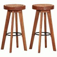 Décoshop26 - Lot de 2 tabourets de bar chaises hautes en cuir véritable et bois d'acacia design rétro DEC029568 - Bois massif 3000257439254