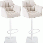 Décoshop26 - Lot de 2 tabourets de bar réglable en tissu blanc assise enveloppante capitonnée et avec base carrée en métal blanc 10_0006794 - bla