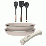 BERGNER - Ensemble 2 Poêles Ø24/28cm aluminium Pressé Antiadhésif avec Manche Amovible avec Ensemble 3 Ustensiles de cuisine en PBT noir et cuivre
