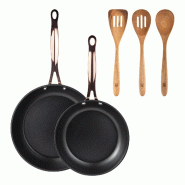BERGNER - Ensemble de 2 poêles Ø20/24 cm en aluminium forgé noir mat avec Ensemble de 3 pièces d'ustensiles de cuisine en Acacia - PK9530_0