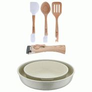 BERGNER - Jeu de 2 Poêles Ø22/26cm en Aluminium Coulé Blanc avec Manche Amovible avec Set 3 Ustensiles en Silicone et Bois - PK9761