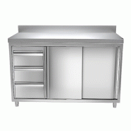 Meuble bas inox adossé P 700 mm avec portes et tiroirs - 1400, A gauche_0