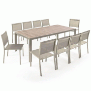 Oviala Business Table de jardin céramique effet bois 206 cm avec 10 chaises crème - beige aluminium 116668