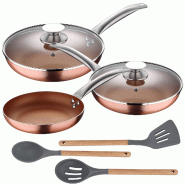 San Ignacio - Set 5Pc Poêles Aluminium Pressé Induction et Set 3Pc Ustensiles Cuisine Silicone Bois - aluminium PK5796