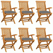 VidaXL Chaises De Jardin Avec Coussins Gris Lot De 6 Bois Teck Massif - gris 3062557