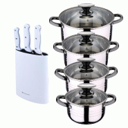 BERGNER - Batterie de cuisine DINA 8 pièces 16/18/20/24cm en acier inoxydable compatible induction avec jeu de 3 couteaux avec bloc acier inoxydable