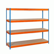 SimonRack Rayonnage industriel, 2000x1500x750 mm, 400 kg au point de flexion, 4 étagères bois, rayonnage garage, Bleu/Orange/Bois- Ecoforte - orange