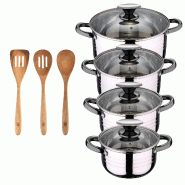 BERGNER - Batterie de Cuisine DINA 8pcs 16/18/20/24cm Acier Inoxydable Compatible Induction avec Set 3 pièces Ustensiles de Cuisine 32,8x33,7x1,4cm -