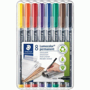 Staedtler Lumocolor 318, Feutres permanents à pointe fine pour toutes les surfaces, Sans xylène ni toluène, Set de 8 couleurs lumineuses, Pointe og
