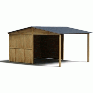 Abri de stockage / structure en bois / toiture en bacacier / bardage en bois / ancrage au sol avec platine / 3 x 3 m