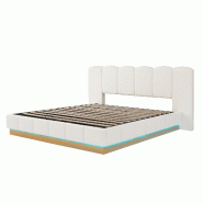 Merax Lit rembourré 180x200 cm, lit double en bouclé blanc avec coffre hydraulique, LED, sommier à lattes et tête de lit nuage - blanc multi-maté