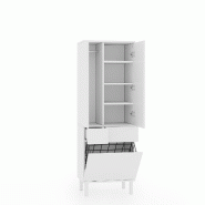 Merax Meuble de salle de bain 60 x 40 x 175 cm avec tringle à vêtements, 2 tiroirs, corbeille en métal et compartiment rabattable, blanc - blanc mu