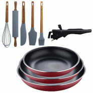 BERGNER - Ensemble de 3 poêles Ø18/20/24 cm aluminium embouti rouge avec poignée amovible et ensemble de 5 ustensiles de cuisine en silicone et boi