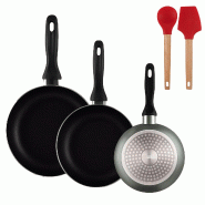 BERGNER - Ensemble de 3 poêles Ø16/20/24cm en aluminium pressé gris métallisé avec Ensemble de 2 ustensiles de cuisine EXCALIBUR - PK9893