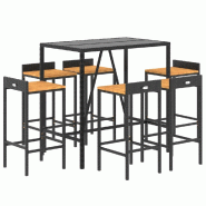Helloshop26 - Ensemble de bar de jardin meuble extérieur terrasse 7 pièces noir poly rotin/bois massif acacia - 3000735182726