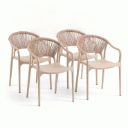 RATTATAN Lot de 4 chaises empilables en polypropylène avec dossier en corde tressée et accoudoirs, pour jardin, terrasse, bars, restaurants – Jenn_0