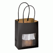 Sac kraft lisse noir à fenêtre PET - poignées torsadées 11,4x6,5x14,7cm - par 25