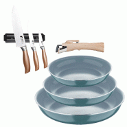 BERGNER - Jeu de 3 Poêles Ø18/20/24 cm aluminium Embouti Recyclé Vert avec Manche Amovible et 3 Couteaux en Acier Inoxydable avec Support Magnétiq