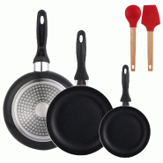 BERGNER - Set de 3 poêles 16/20/24 en aluminium pressé couleur Noir avec Ensemble de 2 Ustensiles de Cuisine EXCALIBUR - PK9953