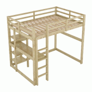 Merax Cadre de lit mezzanine avec espace de rangement, entièrement en pin, avec 4 compartiments de rangement et un plateau de bureau, natur 140x200 c