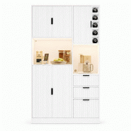 Merax Meuble de cuisine 105 x 40 x 180 cm avec LED et prises, buffet haut, 3 tiroirs, plateau, casier à vin et rangements, blanc - blanc Bois manufac Merax Meuble de cuisine 105 x 40 x 180 cm avec LED et prises, buffet haut, 3 tiroirs, plateau, casier à vin et rangements, blanc - blanc Bois manufac