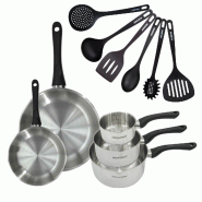 Set 2 poêles 20 et 28 cm 3 casseroles 12 16 et 20 cm en inox et 6 ustensiles Fackelmann Geneva - gris inox 3176239944464