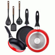 BERGNER - Jeu de 3 Poêles Ø16/Ø20/Ø24 cm en Aluminium Embouti Compatibles Induction Navy Red avec Set de 3 Ustensiles de Cuisine en PBT noir et cu