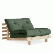 FAUTEUIL CONVERTIBLE FUTON ROOTS PIN NATUREL COLORIS VERT OLIVE COUCHAGE 90 X 200 CM.