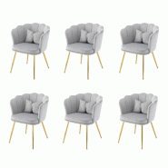 Merax 6x fauteuil rembourré à dossier pétale, coussin papillon, pieds métal doré, velours gris - gris multi-matériau WF532311AAG-6