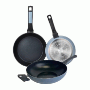 San Ignacio Noia - Set de 2 Poêles Ø20/Ø26cm et Wok Ø30cm en Aluminium Pressé Couleur Bleue - PK8777