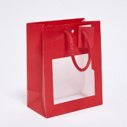 Sac luxe gaufré rouge fenêtre poignées papier rouge 18x10x22,7 cm - par 10