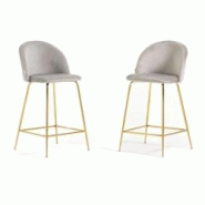 RATTATAN Lot de 2 tabourets de bar en velours avec pieds en métal,h.65cm,pour bar,restaurant et cuisine,design élégant–Sara XL–Gris clair/Or -