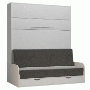 ARMOIRE LIT ESCAMOTABLE KOMPACT SOFA CANAPÉ TIROIRS ACCOUDOIRS BLANC MAT TISSU GRIS COUCHAGE 160*200 CM