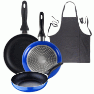 BERGNER - Ensemble 3 poêles Ø16/20/24cm aluminium embouti Adaptées induction Blue Navy Paradise avec tablier de cuisine gris foncé 100% coton 75x8