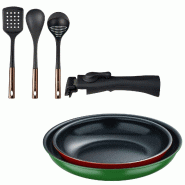 BERGNER - Jeu de 2 Poêles Ø22/26 cm en Aluminium Embouti avec Manche Amovible et Jeu de 3 Ustensiles de Cuisine en PBT noir et cuivre - PK9647