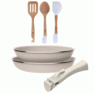 BERGNER - Ensemble de 2 Poêles Ø24/28cm aluminium Pressé Antiadhésif avec Manche Amovible avec Ensemble de 3 Ustensiles de Cuisine en Silicone et