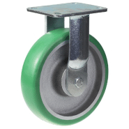 Roulette fixe de 200mm avec polyuréthane élastique convexe vert sur centre en fonte. Roulette fixe de 200mm avec polyuréthane élastique convexe vert sur centre en fonte.