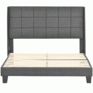 Merax Lit capitonné avec sa tête de lit capitonnée lit double avec sommier à lattes, 140x200cm, en lin gris, mi-ferme (sans matelas) - gris multi-