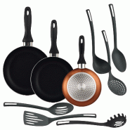WellHome - Jeu de 3 Poêles Ø16//20/24cm en Aluminium Pressé Bronze Métallisé avec Jeu de 6 Ustensiles de Cuisine en PBT Noir - multi-matériau PK8211